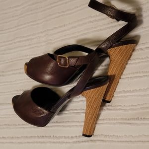 Lauren Ralph Lauren brown leather platform sandal with wicker heels. 7.5